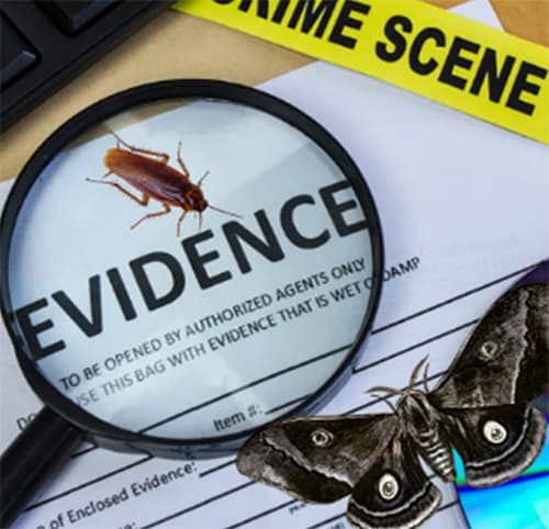 A magnifying glass emphasises the word evidence on a document as weoll as a cockroach. A moth and crime sence tape complete the collage.